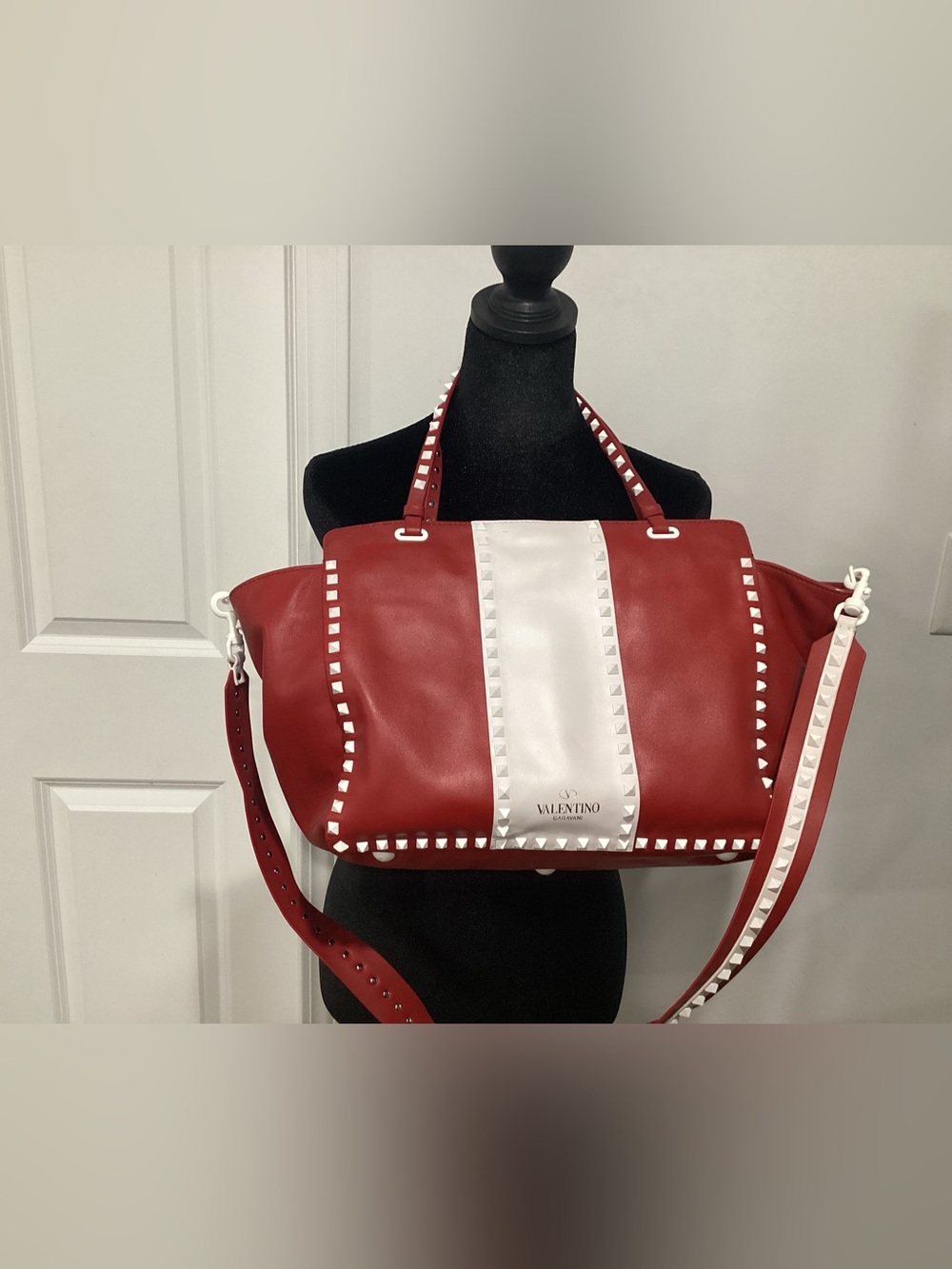 Valentino Red and White Pyramid-Stud Leather Tote